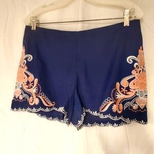 Alya Navy Blue & Peach Embroidered Eyelet Lace Look Scalloped Lined Shorts Sz M